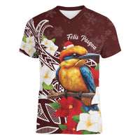 Felis Pasgua Guam Women V-Neck T-Shirt Christmas Sihek Kingfisher with Guasali