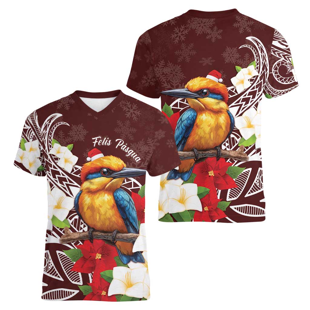 Felis Pasgua Guam Women V-Neck T-Shirt Christmas Sihek Kingfisher with Guasali