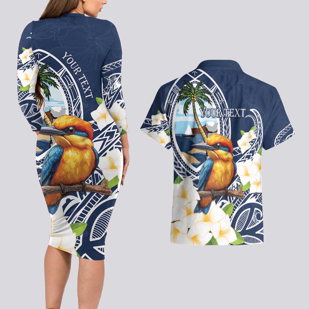 Hafa Adai Guam Couples Matching Long Sleeve Bodycon Dress and Hawaiian Shirt Sihek Guam Kingfisher with Guasali LT7 - Polynesian Pride