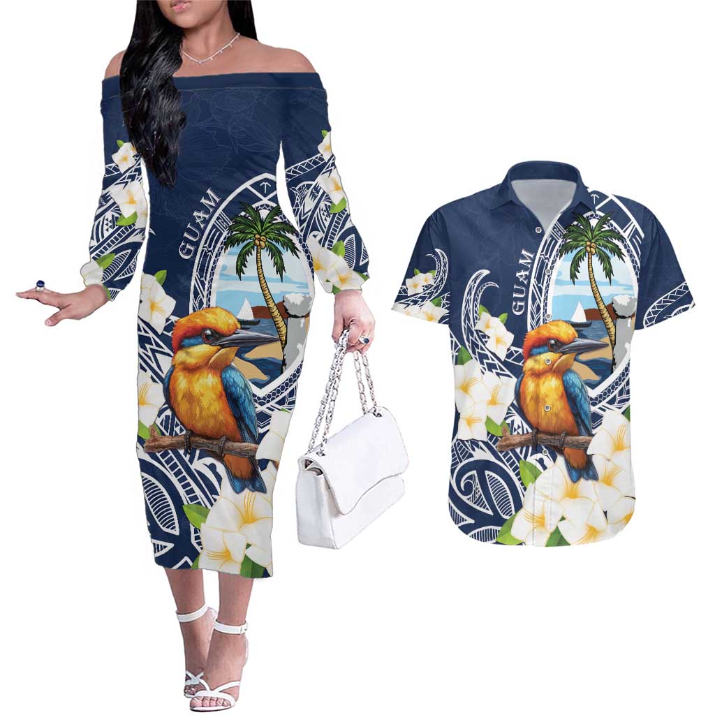 Hafa Adai Guam Couples Matching Off The Shoulder Long Sleeve Dress and Hawaiian Shirt Sihek Guam Kingfisher with Guasali LT7 Navy Blue - Polynesian Pride