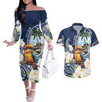 Hafa Adai Guam Couples Matching Off The Shoulder Long Sleeve Dress and Hawaiian Shirt Sihek Guam Kingfisher with Guasali LT7 Navy Blue - Polynesian Pride