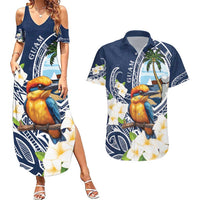 Hafa Adai Guam Couples Matching Summer Maxi Dress and Hawaiian Shirt Sihek Guam Kingfisher with Guasali LT7 Navy Blue - Polynesian Pride