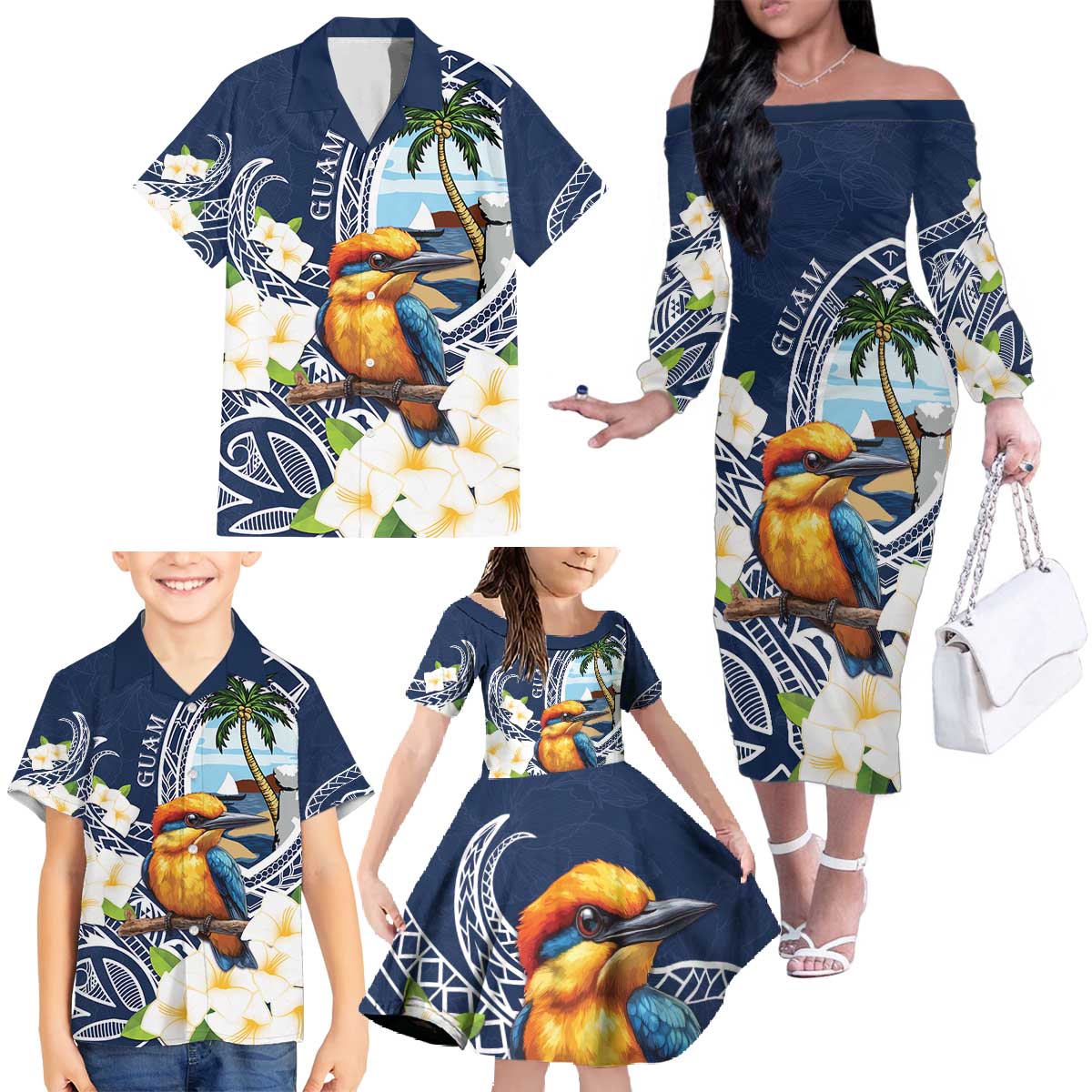 Hafa Adai Guam Family Matching Off The Shoulder Long Sleeve Dress and Hawaiian Shirt Sihek Guam Kingfisher with Guasali LT7 - Polynesian Pride