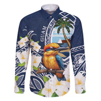 Hafa Adai Guam Family Matching Off The Shoulder Long Sleeve Dress and Hawaiian Shirt Sihek Guam Kingfisher with Guasali LT7 Dad's Shirt - Long Sleeve Navy Blue - Polynesian Pride
