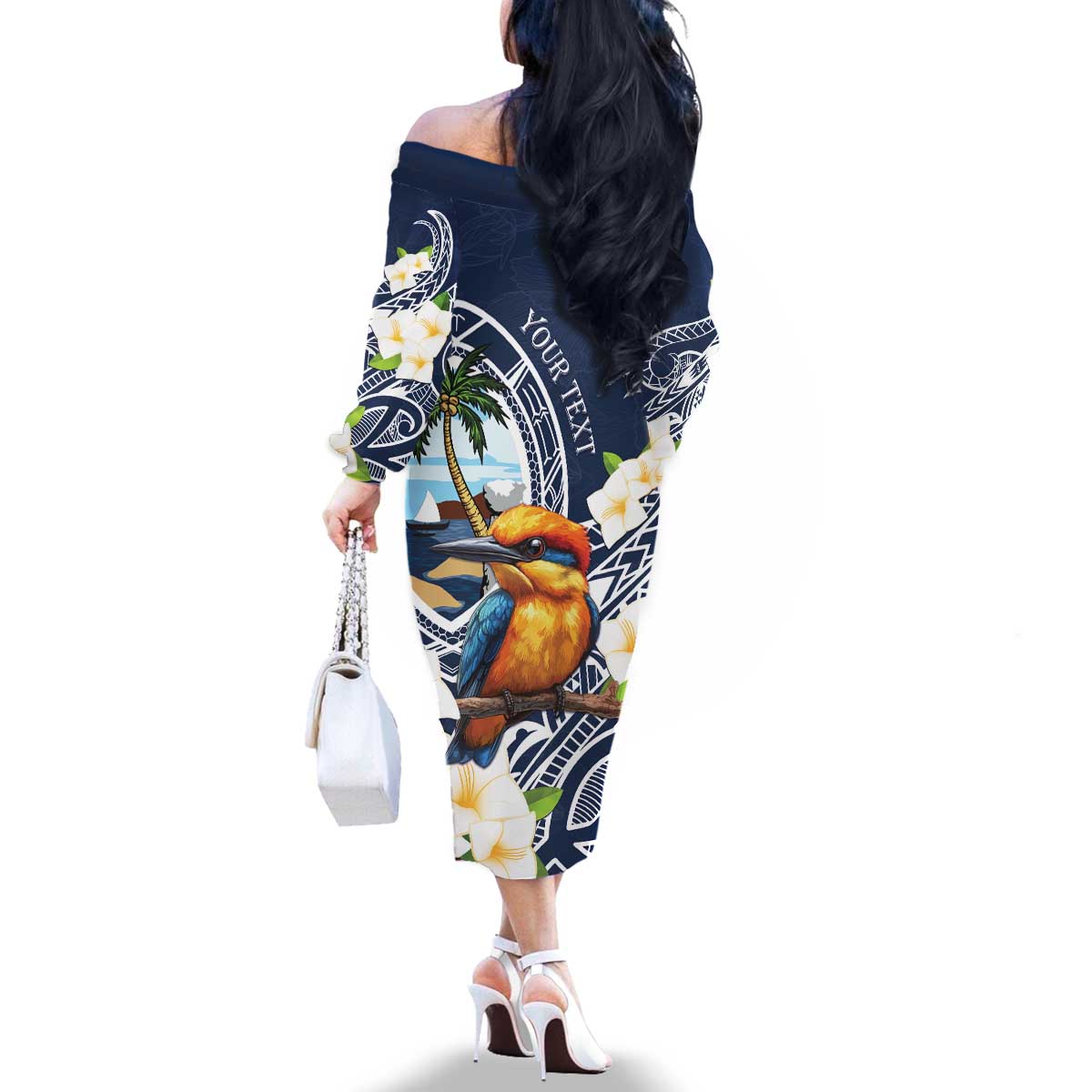 Hafa Adai Guam Family Matching Off The Shoulder Long Sleeve Dress and Hawaiian Shirt Sihek Guam Kingfisher with Guasali LT7 - Polynesian Pride