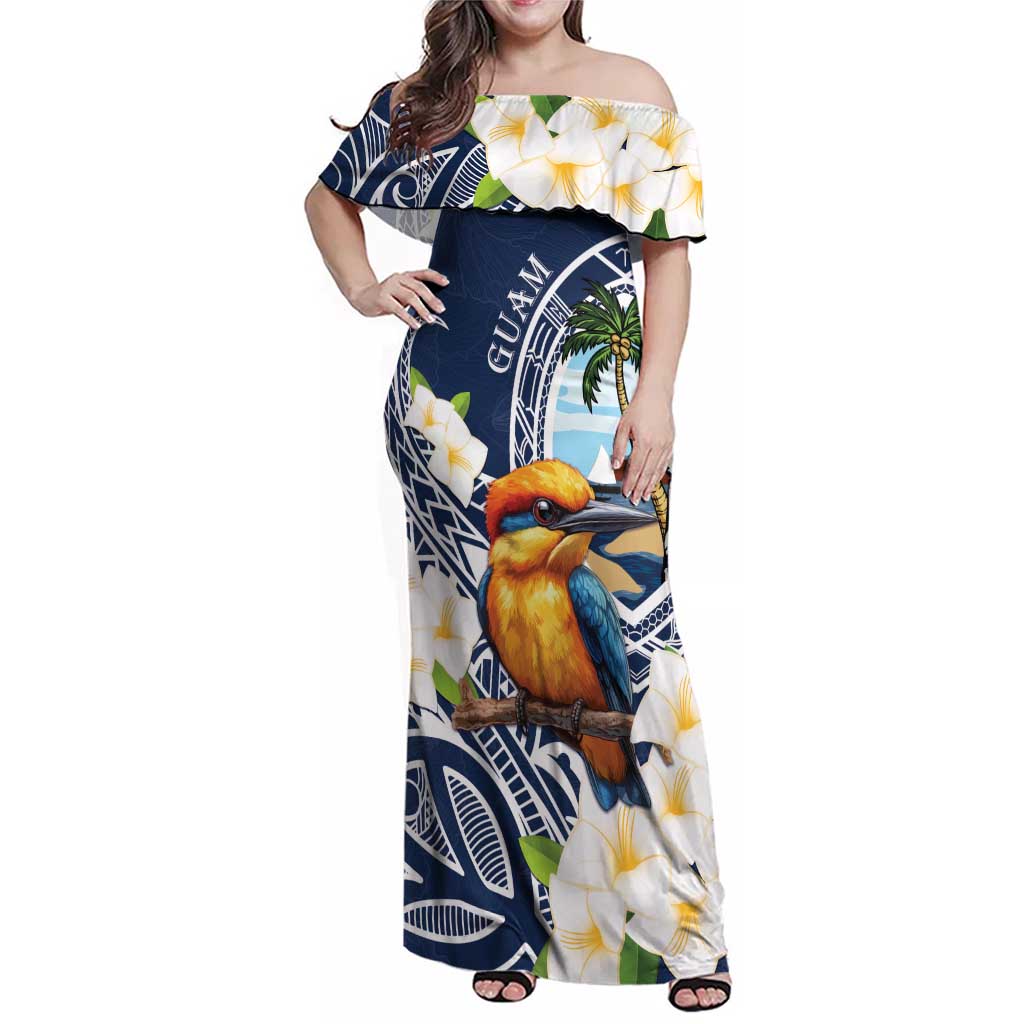 Hafa Adai Guam Family Matching Off Shoulder Maxi Dress and Hawaiian Shirt Sihek Guam Kingfisher with Guasali LT7 Mom's Dress Navy Blue - Polynesian Pride
