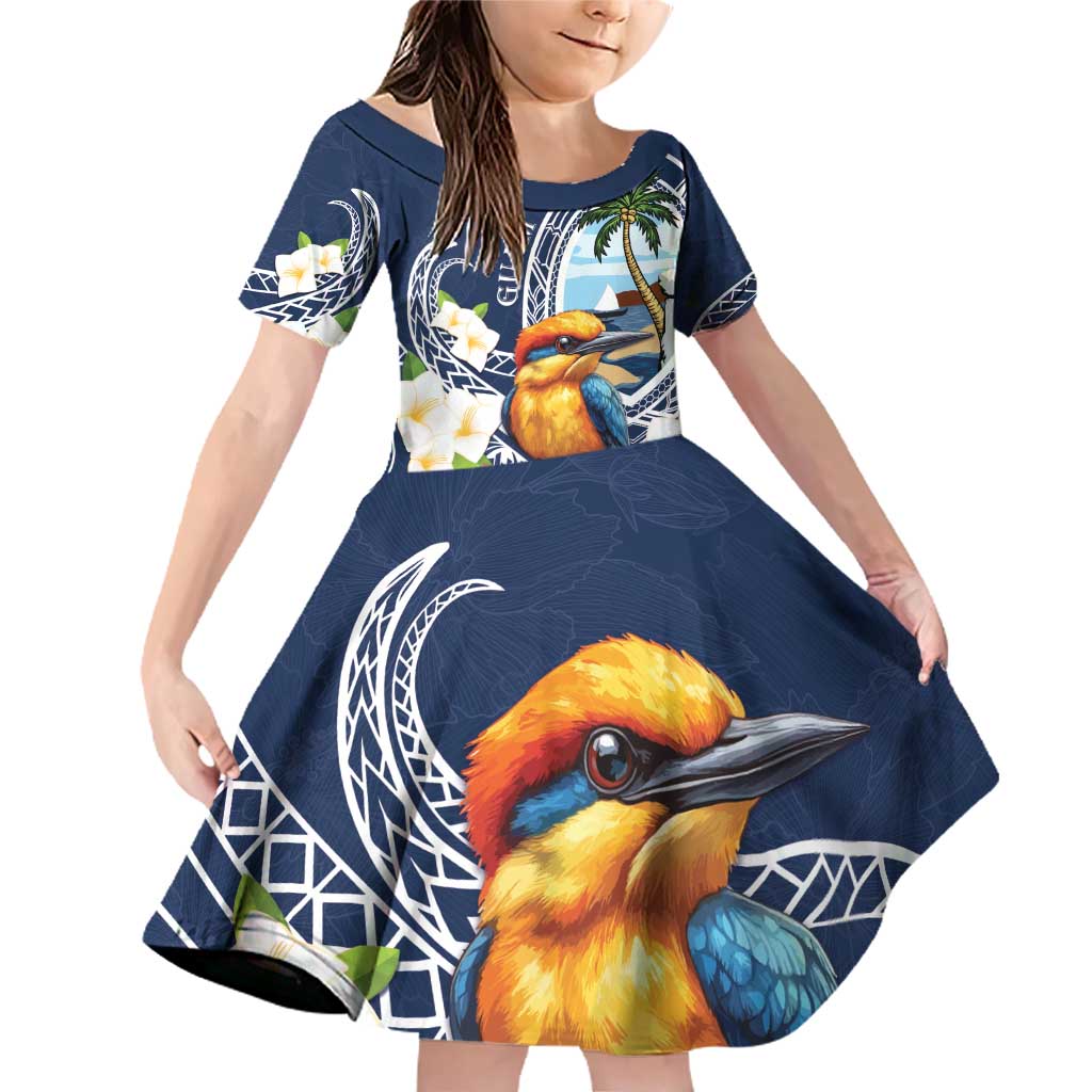 Hafa Adai Guam Family Matching Off Shoulder Short Dress and Hawaiian Shirt Sihek Guam Kingfisher with Guasali LT7 Daughter's Dress Navy Blue - Polynesian Pride