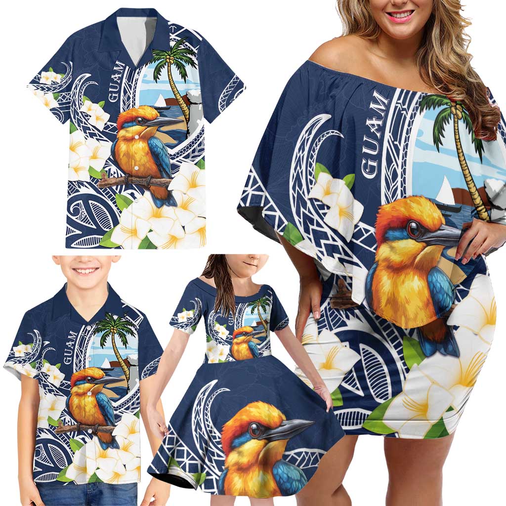 Hafa Adai Guam Family Matching Off Shoulder Short Dress and Hawaiian Shirt Sihek Guam Kingfisher with Guasali LT7 - Polynesian Pride