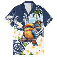 Hafa Adai Guam Family Matching Off Shoulder Short Dress and Hawaiian Shirt Sihek Guam Kingfisher with Guasali LT7 Dad's Shirt - Short Sleeve Navy Blue - Polynesian Pride