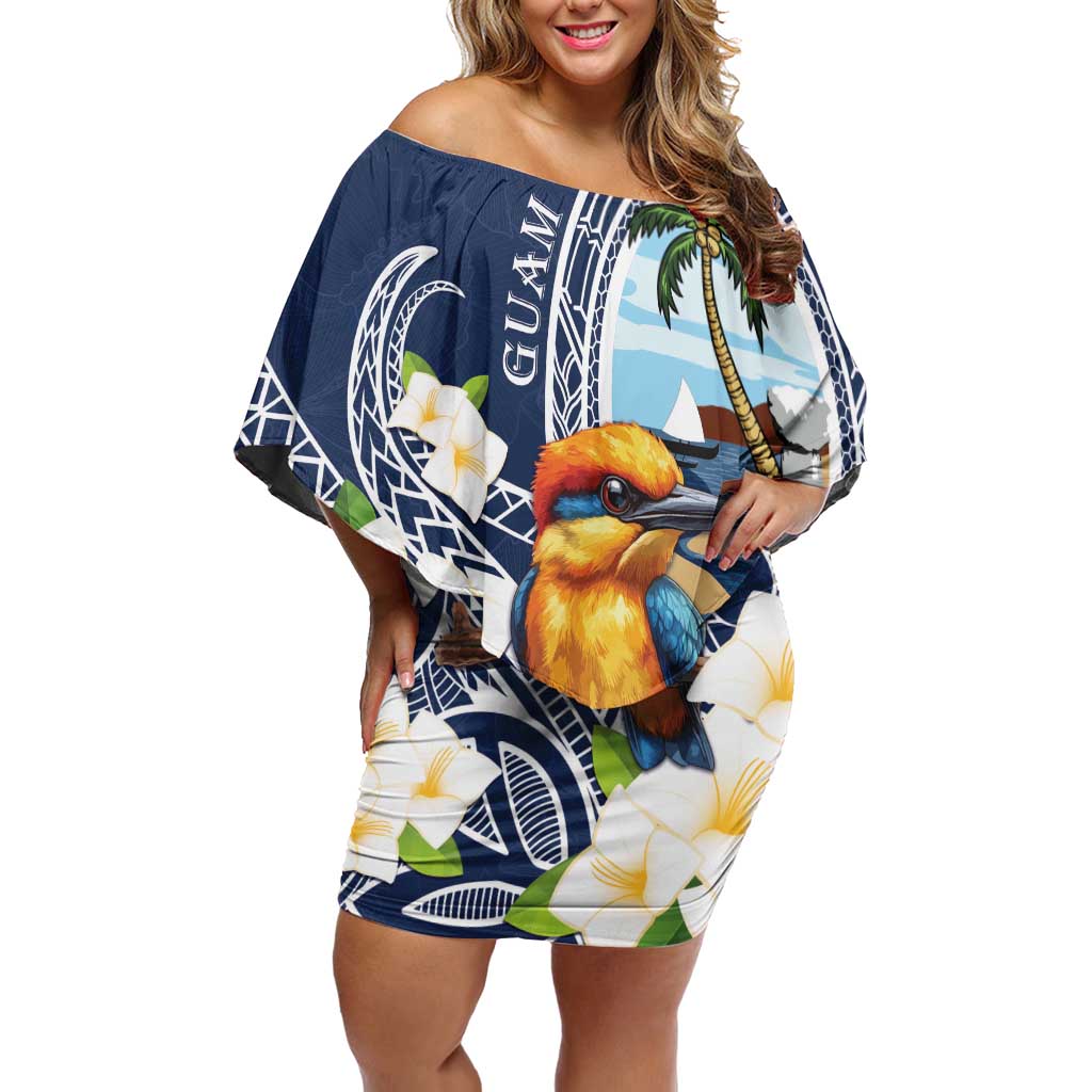Hafa Adai Guam Family Matching Off Shoulder Short Dress and Hawaiian Shirt Sihek Guam Kingfisher with Guasali LT7 Mom's Dress Navy Blue - Polynesian Pride