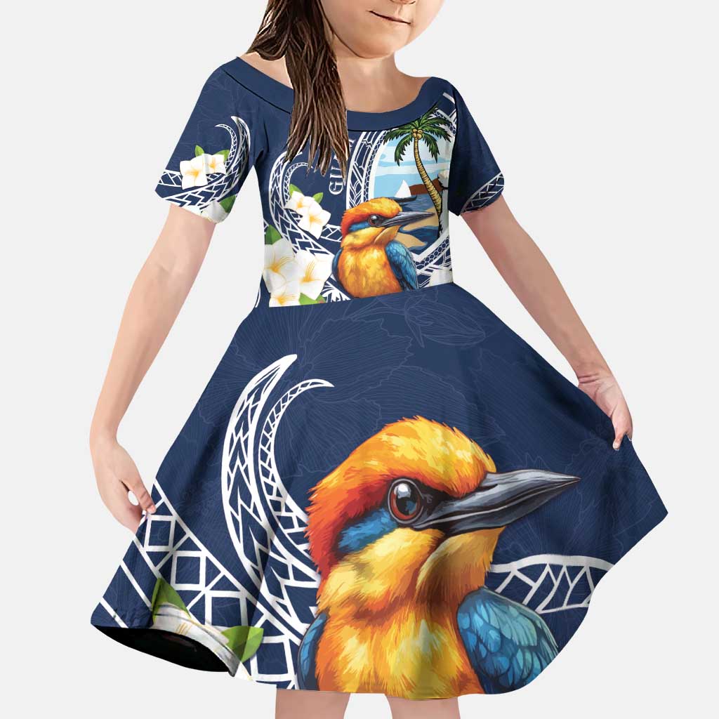 Hafa Adai Guam Family Matching Puletasi and Hawaiian Shirt Sihek Guam Kingfisher with Guasali LT7 Daughter's Dress Navy Blue - Polynesian Pride