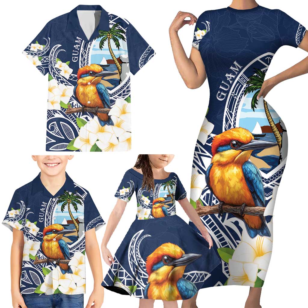 Hafa Adai Guam Family Matching Short Sleeve Bodycon Dress and Hawaiian Shirt Sihek Guam Kingfisher with Guasali LT7 - Polynesian Pride