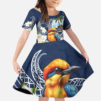 Hafa Adai Guam Family Matching Summer Maxi Dress and Hawaiian Shirt Sihek Guam Kingfisher with Guasali LT7 Daughter's Dress Navy Blue - Polynesian Pride