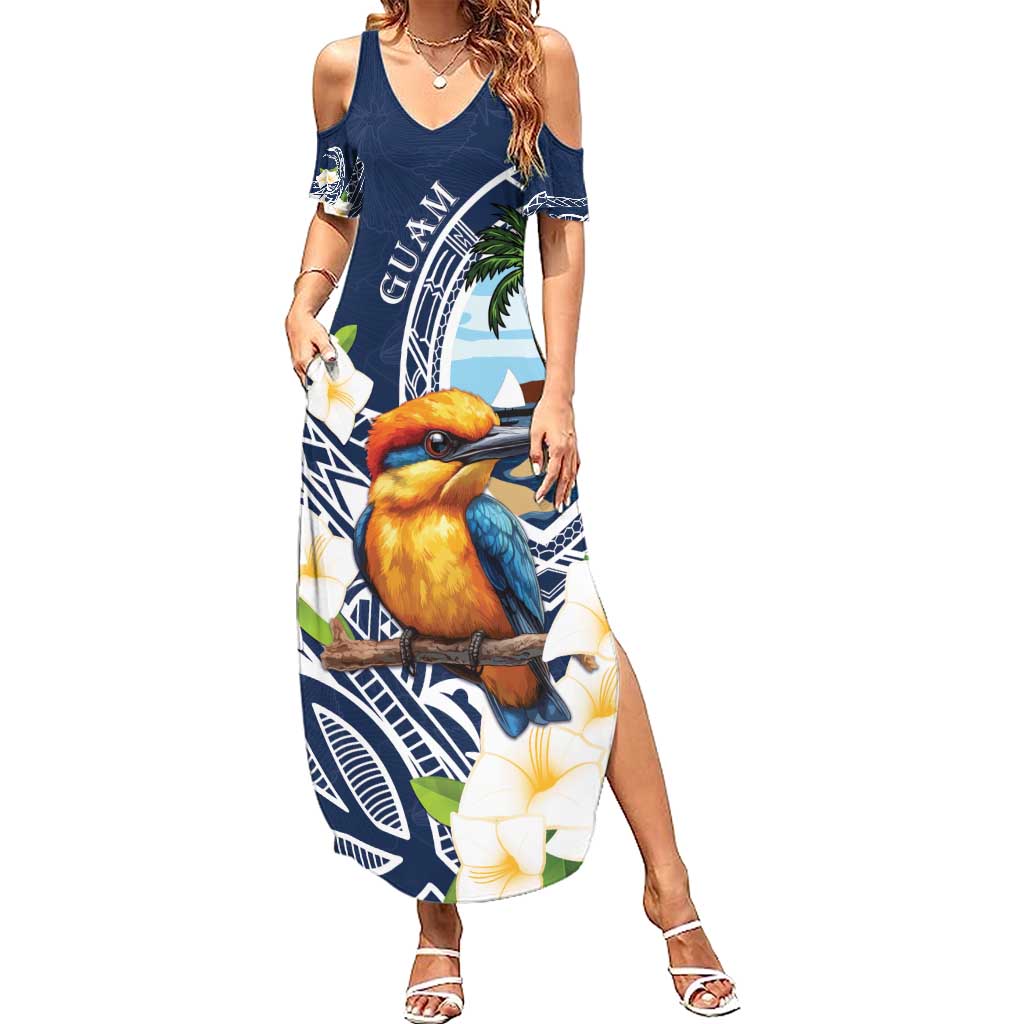 Hafa Adai Guam Family Matching Summer Maxi Dress and Hawaiian Shirt Sihek Guam Kingfisher with Guasali LT7 Mom's Dress Navy Blue - Polynesian Pride