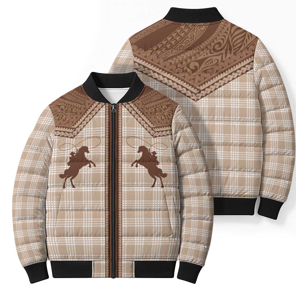 Aloha Hawaii Cowboys Paniolo Bomber Puffer Jacket Beige Palaka - Polynesian Pride