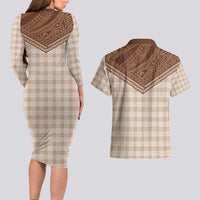 Aloha Hawaii Cowboys Paniolo Couples Matching Long Sleeve Bodycon Dress and Hawaiian Shirt Beige Palaka LT7 - Polynesian Pride