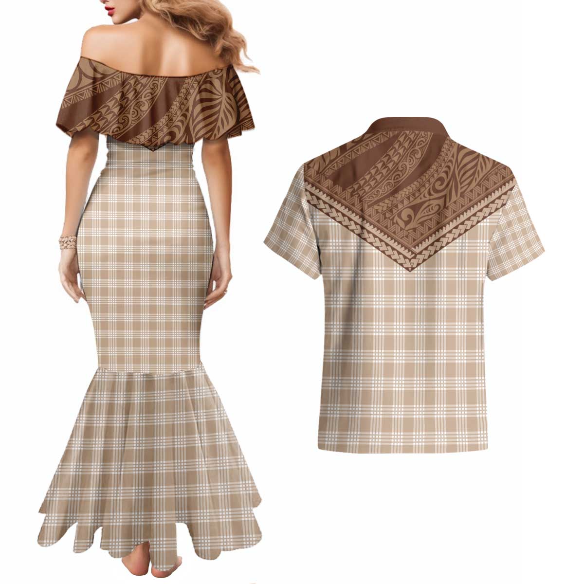 Aloha Hawaii Cowboys Paniolo Couples Matching Mermaid Dress and Hawaiian Shirt Beige Palaka - Polynesian Pride