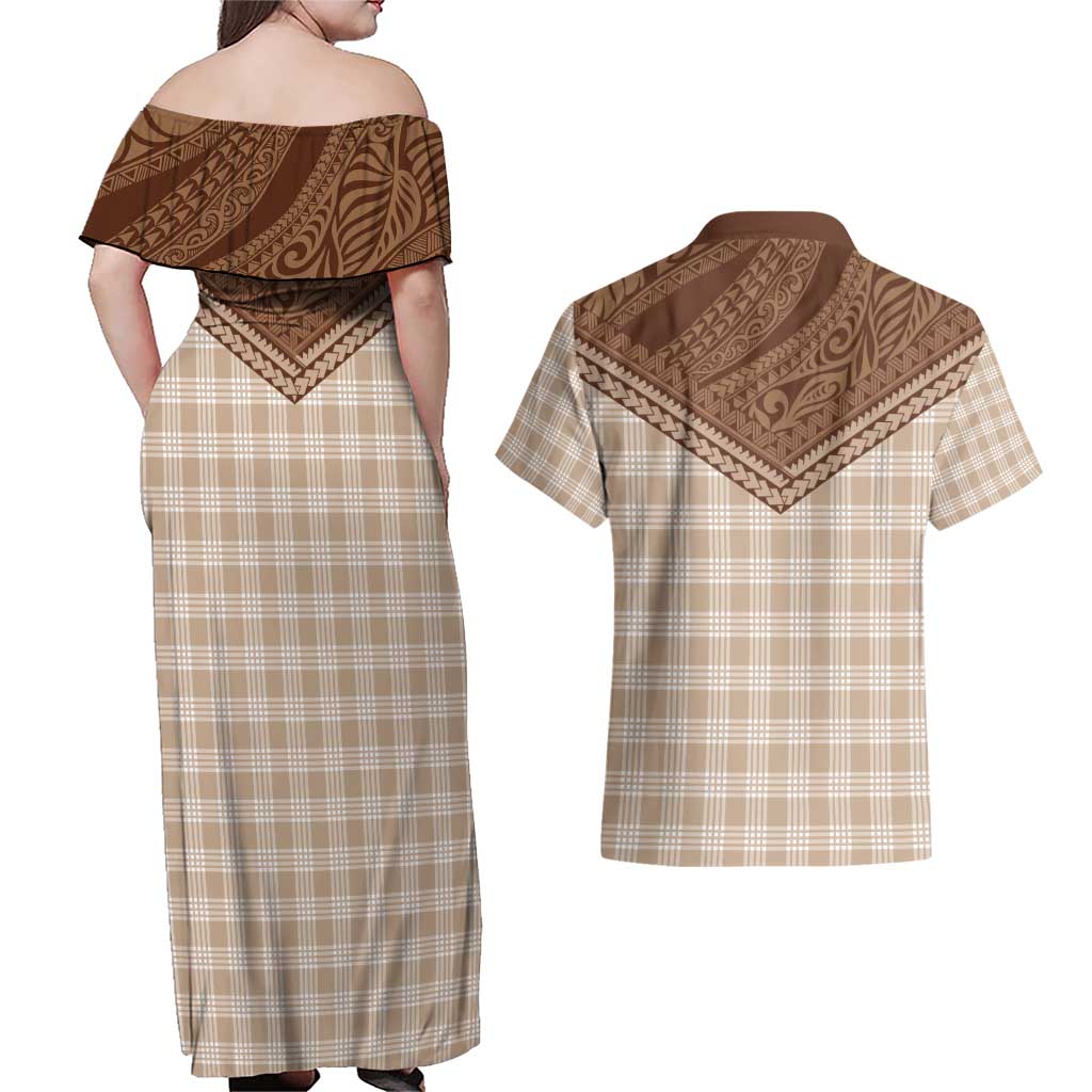 Aloha Hawaii Cowboys Paniolo Couples Matching Off Shoulder Maxi Dress and Hawaiian Shirt Beige Palaka - Polynesian Pride