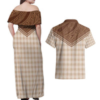 Aloha Hawaii Cowboys Paniolo Couples Matching Off Shoulder Maxi Dress and Hawaiian Shirt Beige Palaka - Polynesian Pride
