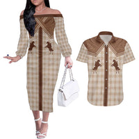 Aloha Hawaii Cowboys Paniolo Couples Matching Off The Shoulder Long Sleeve Dress and Hawaiian Shirt Beige Palaka LT7 Beige - Polynesian Pride