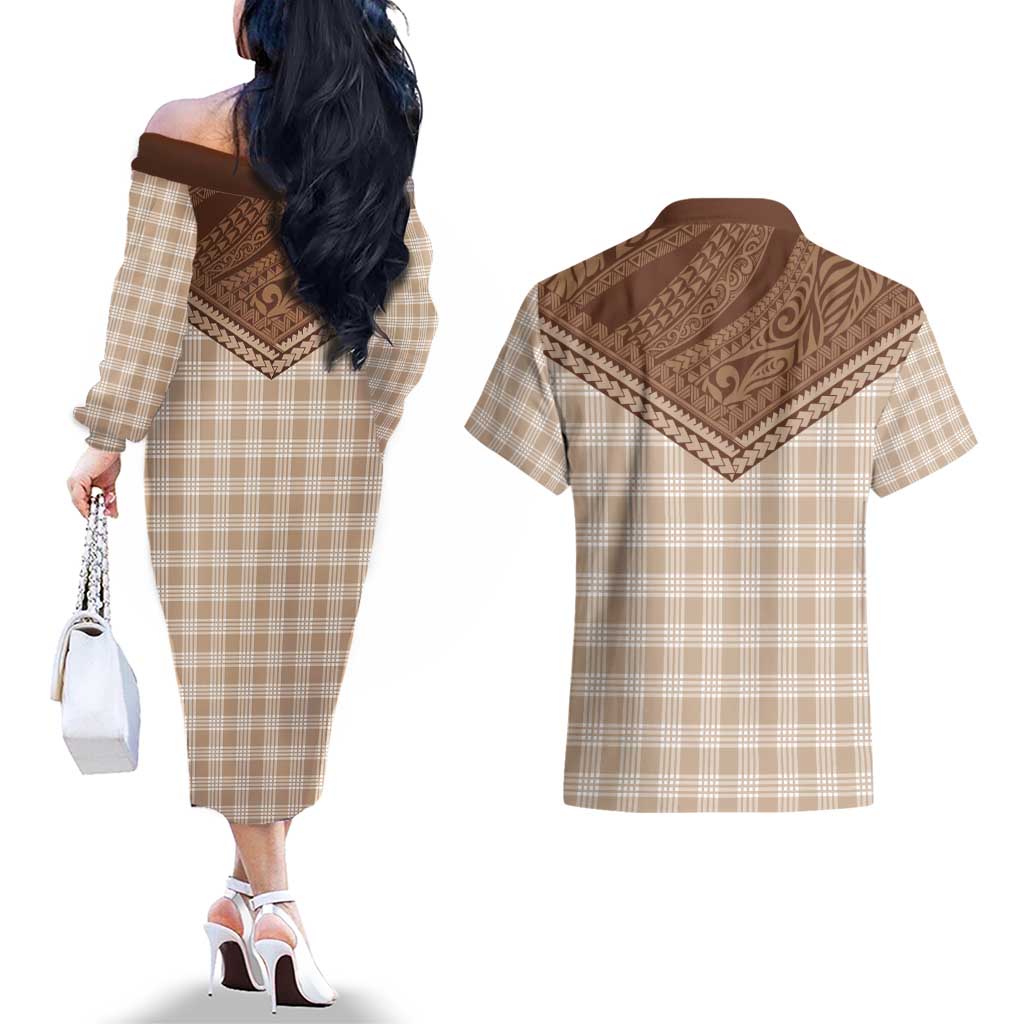 Aloha Hawaii Cowboys Paniolo Couples Matching Off The Shoulder Long Sleeve Dress and Hawaiian Shirt Beige Palaka LT7 - Polynesian Pride