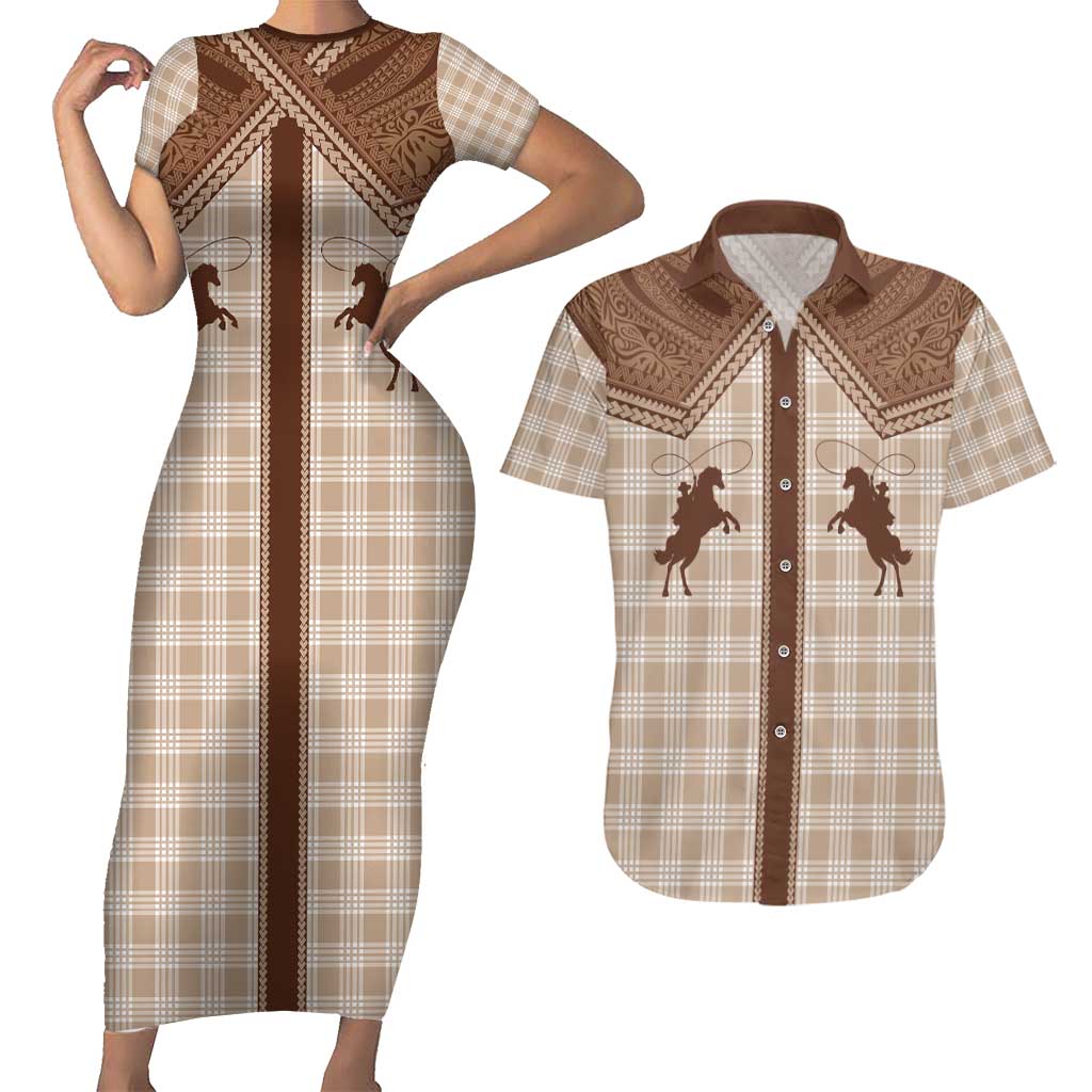 Aloha Hawaii Cowboys Paniolo Couples Matching Short Sleeve Bodycon Dress and Hawaiian Shirt Beige Palaka LT7 Beige - Polynesian Pride