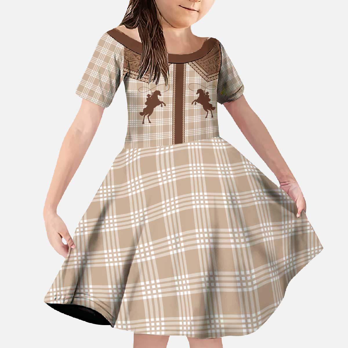 Aloha Hawaii Cowboys Paniolo Family Matching Off The Shoulder Long Sleeve Dress and Hawaiian Shirt Beige Palaka LT7 Daughter's Dress Beige - Polynesian Pride