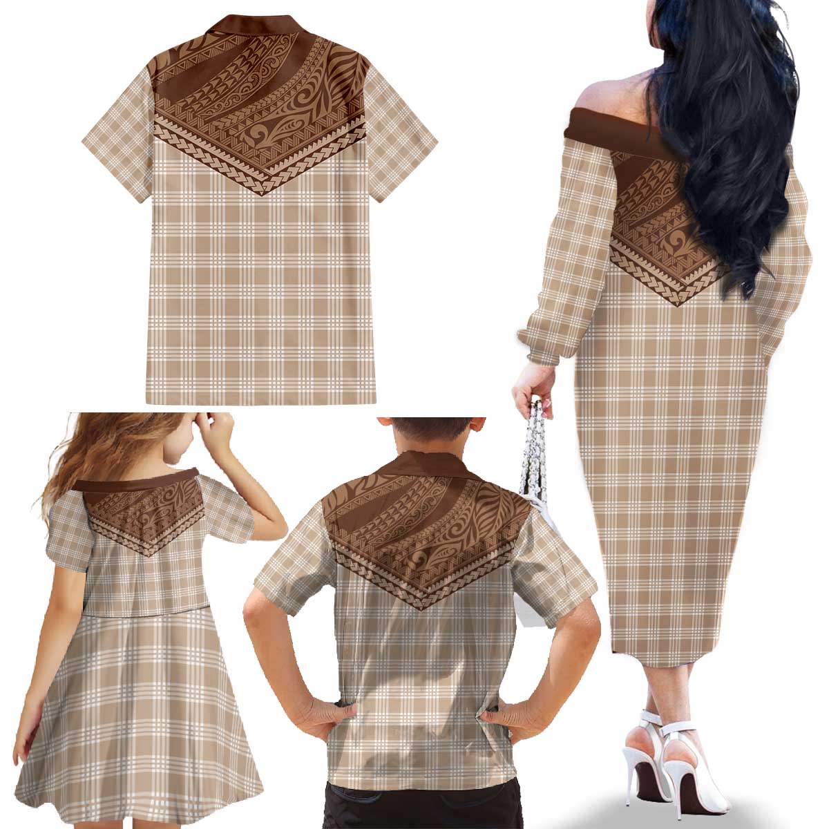 Aloha Hawaii Cowboys Paniolo Family Matching Off The Shoulder Long Sleeve Dress and Hawaiian Shirt Beige Palaka LT7 - Polynesian Pride