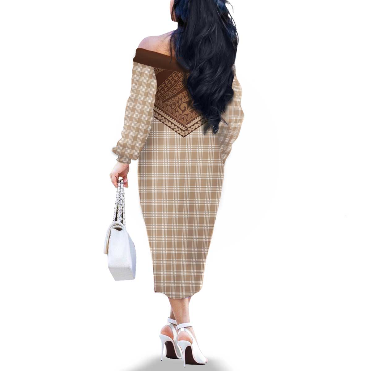 Aloha Hawaii Cowboys Paniolo Family Matching Off The Shoulder Long Sleeve Dress and Hawaiian Shirt Beige Palaka LT7 - Polynesian Pride