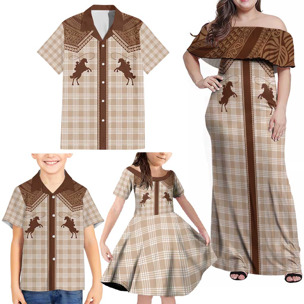 Aloha Hawaii Cowboys Paniolo Family Matching Off Shoulder Maxi Dress and Hawaiian Shirt Beige Palaka LT7 - Polynesian Pride