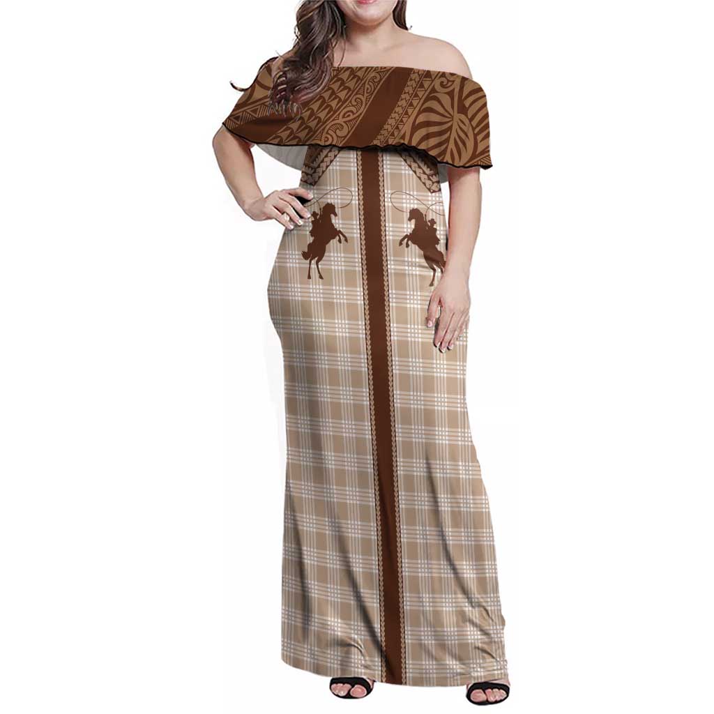 Aloha Hawaii Cowboys Paniolo Family Matching Off Shoulder Maxi Dress and Hawaiian Shirt Beige Palaka LT7 Mom's Dress Beige - Polynesian Pride