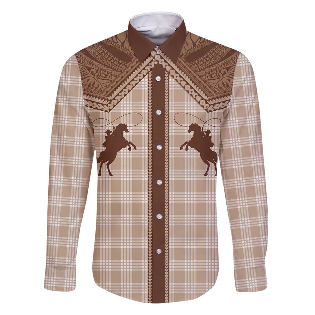 Aloha Hawaii Cowboys Paniolo Family Matching Off Shoulder Short Dress and Hawaiian Shirt Beige Palaka LT7 Dad's Shirt - Long Sleeve Beige - Polynesian Pride