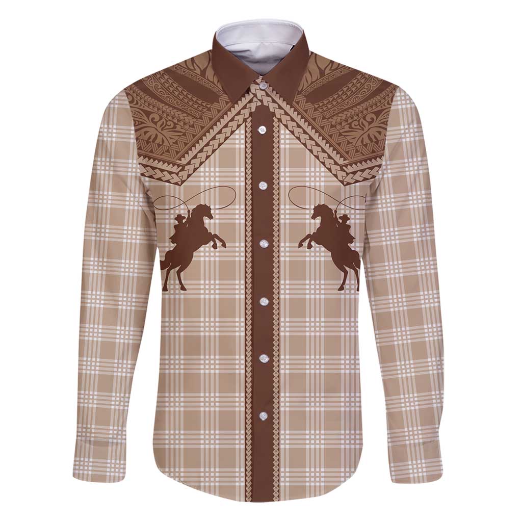 Aloha Hawaii Cowboys Paniolo Family Matching Puletasi and Hawaiian Shirt Beige Palaka LT7 Dad's Shirt - Long Sleeve Beige - Polynesian Pride