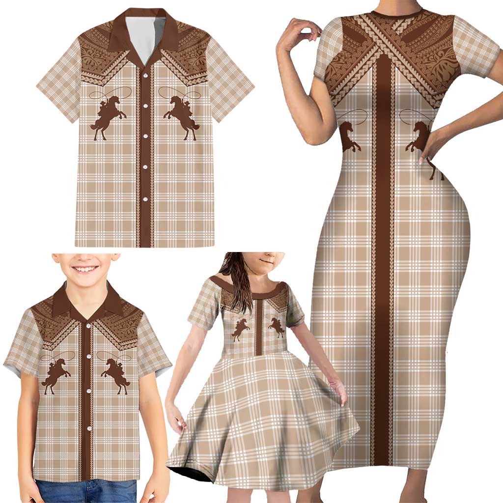 Aloha Hawaii Cowboys Paniolo Family Matching Short Sleeve Bodycon Dress and Hawaiian Shirt Beige Palaka LT7 - Polynesian Pride