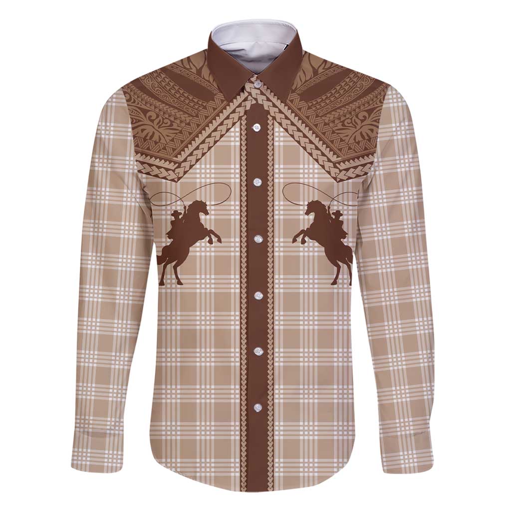 Aloha Hawaii Cowboys Paniolo Family Matching Short Sleeve Bodycon Dress and Hawaiian Shirt Beige Palaka LT7 Dad's Shirt - Long Sleeve Beige - Polynesian Pride