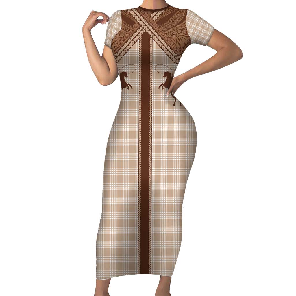 Aloha Hawaii Cowboys Paniolo Family Matching Short Sleeve Bodycon Dress and Hawaiian Shirt Beige Palaka LT7 Mom's Dress Beige - Polynesian Pride
