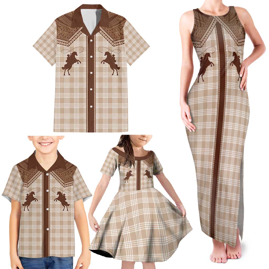 Aloha Hawaii Cowboys Paniolo Family Matching Tank Maxi Dress and Hawaiian Shirt Beige Palaka LT7 - Polynesian Pride