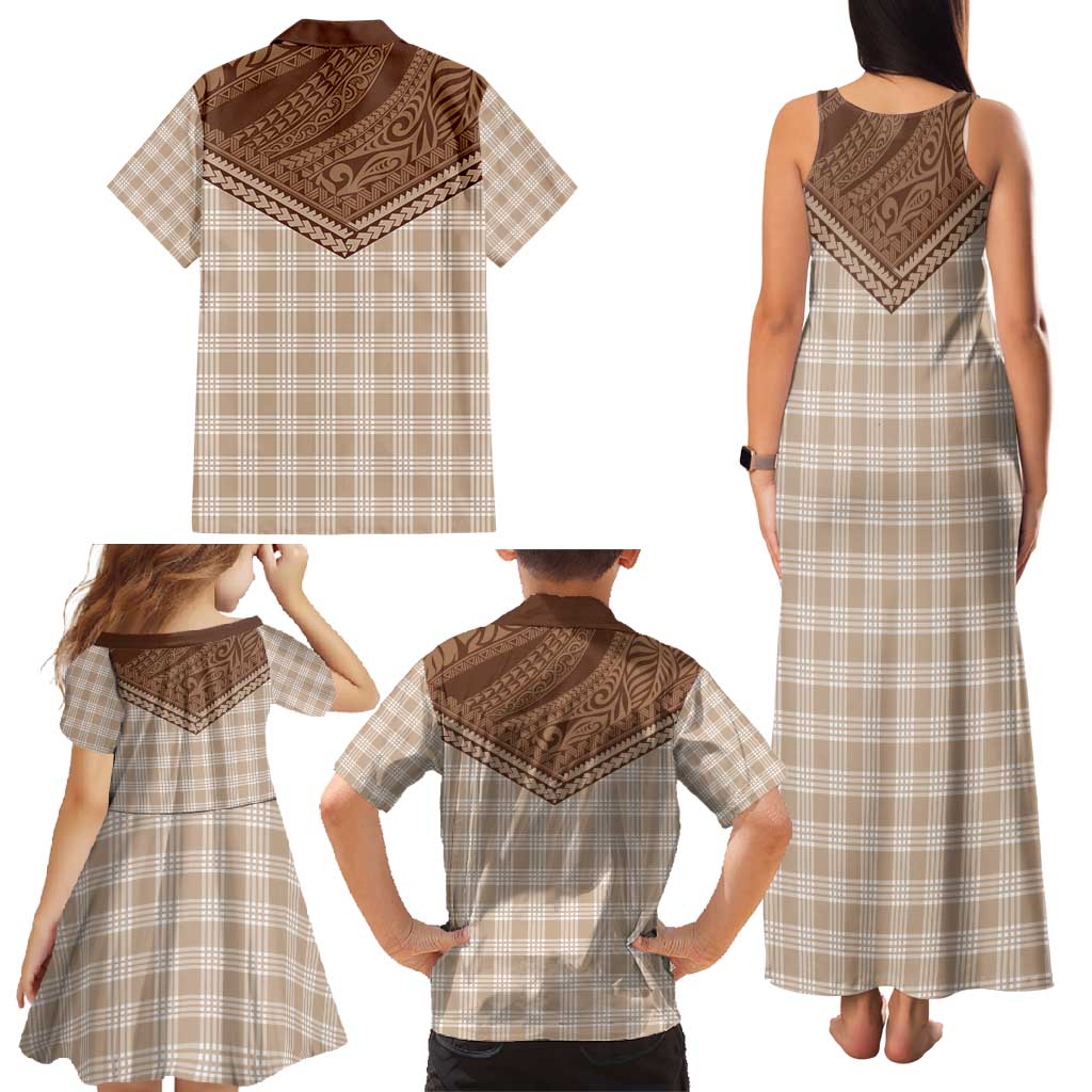 Aloha Hawaii Cowboys Paniolo Family Matching Tank Maxi Dress and Hawaiian Shirt Beige Palaka LT7 - Polynesian Pride