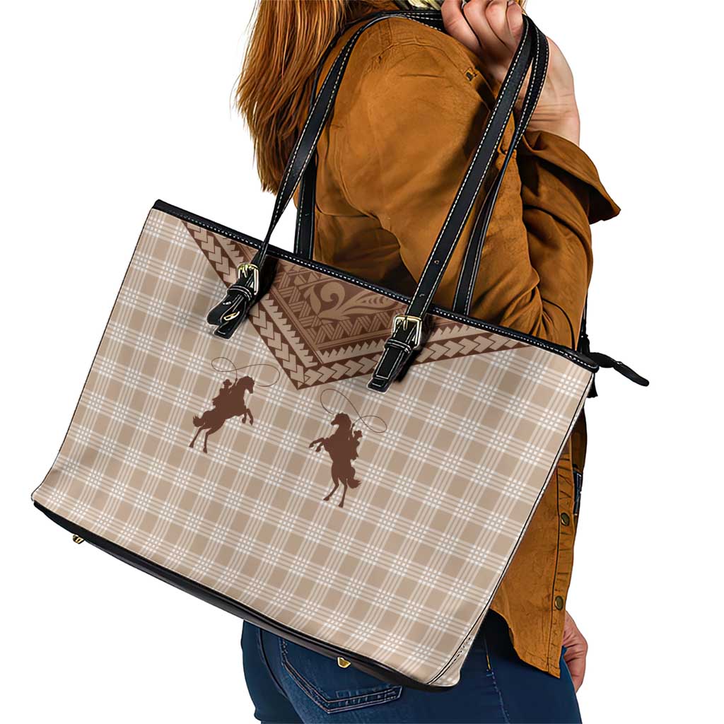 Aloha Hawaii Cowboys Paniolo Leather Tote Bag Beige Palaka - Polynesian Pride