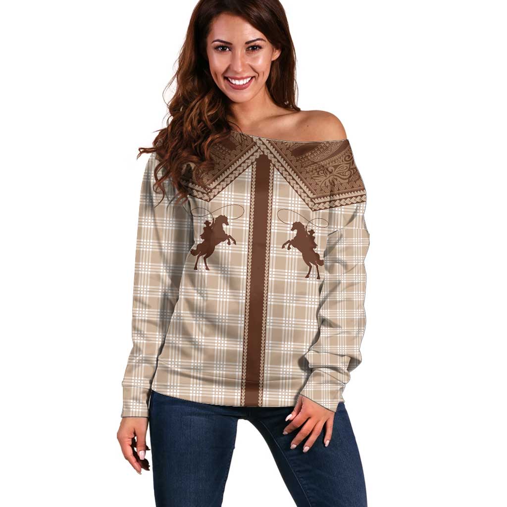 Aloha Hawaii Cowboys Paniolo Off Shoulder Sweater Beige Palaka - Polynesian Pride