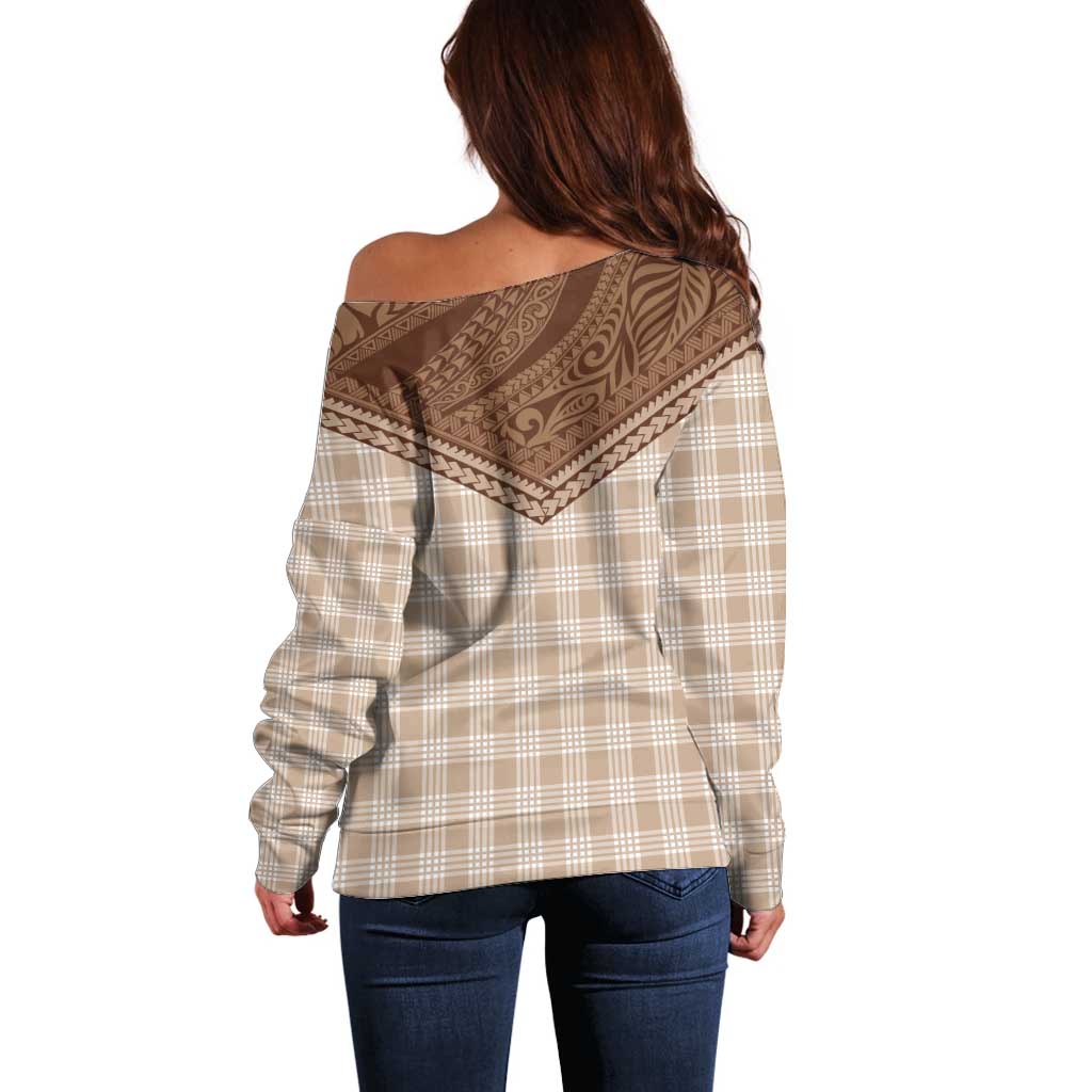 Aloha Hawaii Cowboys Paniolo Off Shoulder Sweater Beige Palaka - Polynesian Pride