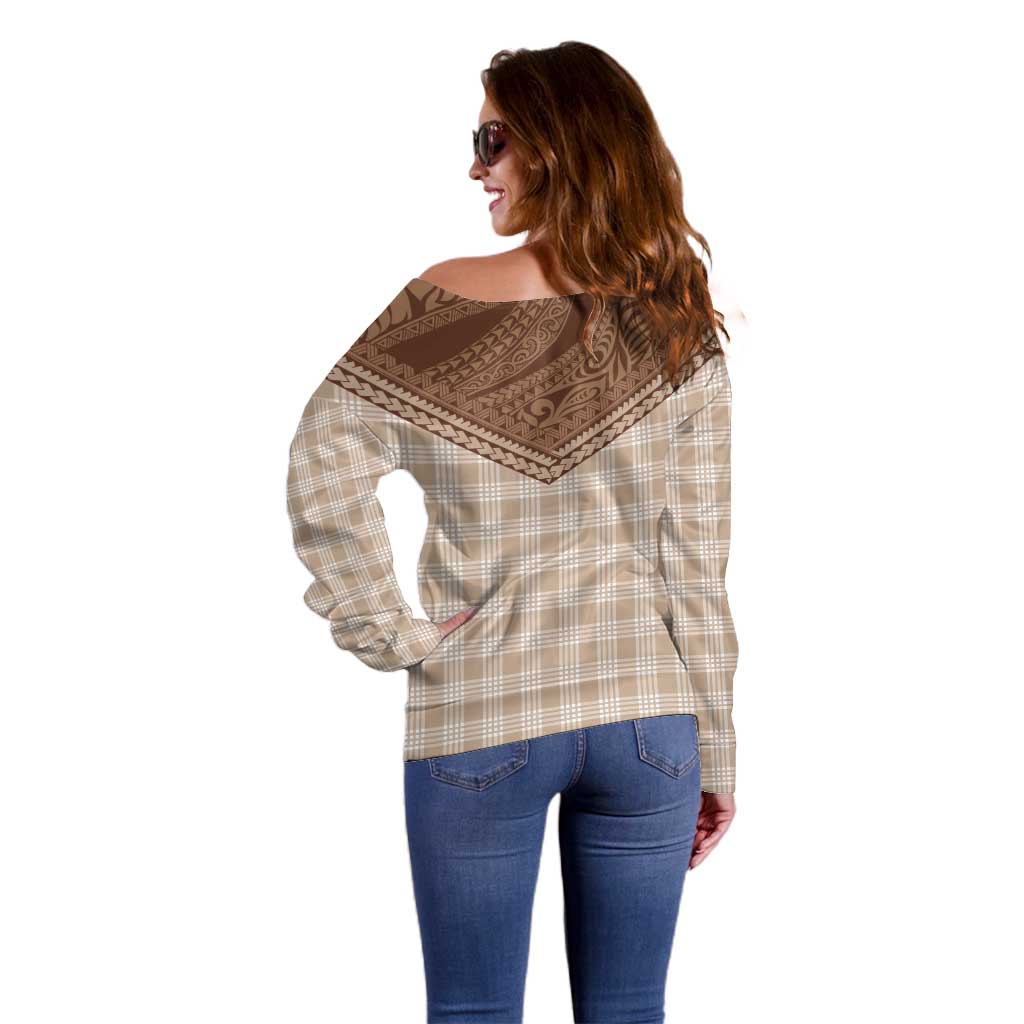 Aloha Hawaii Cowboys Paniolo Off Shoulder Sweater Beige Palaka - Polynesian Pride