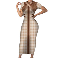 Aloha Hawaii Cowboys Paniolo Short Sleeve Bodycon Dress Beige Palaka - Polynesian Pride