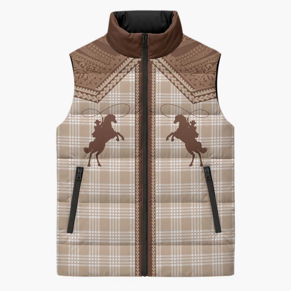 Aloha Hawaii Cowboys Paniolo Sleeveless Puffer Jacket Beige Palaka - Polynesian Pride