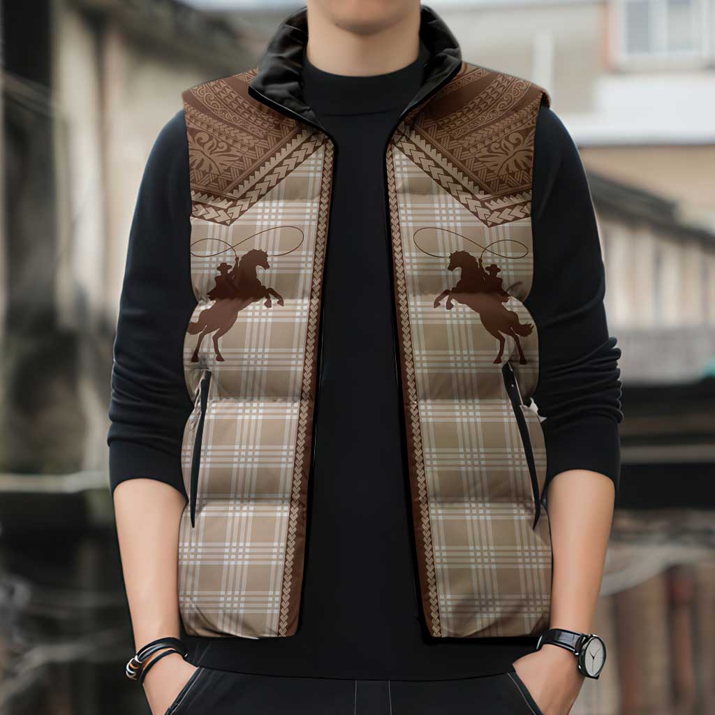 Aloha Hawaii Cowboys Paniolo Sleeveless Puffer Jacket Beige Palaka - Polynesian Pride