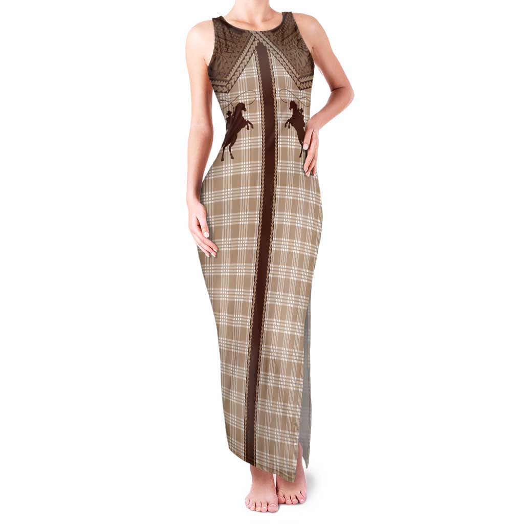 Aloha Hawaii Cowboys Paniolo Tank Maxi Dress Beige Palaka - Polynesian Pride