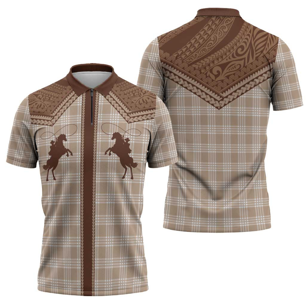 Aloha Hawaii Cowboys Paniolo Zipper Polo Shirt Beige Palaka - Polynesian Pride