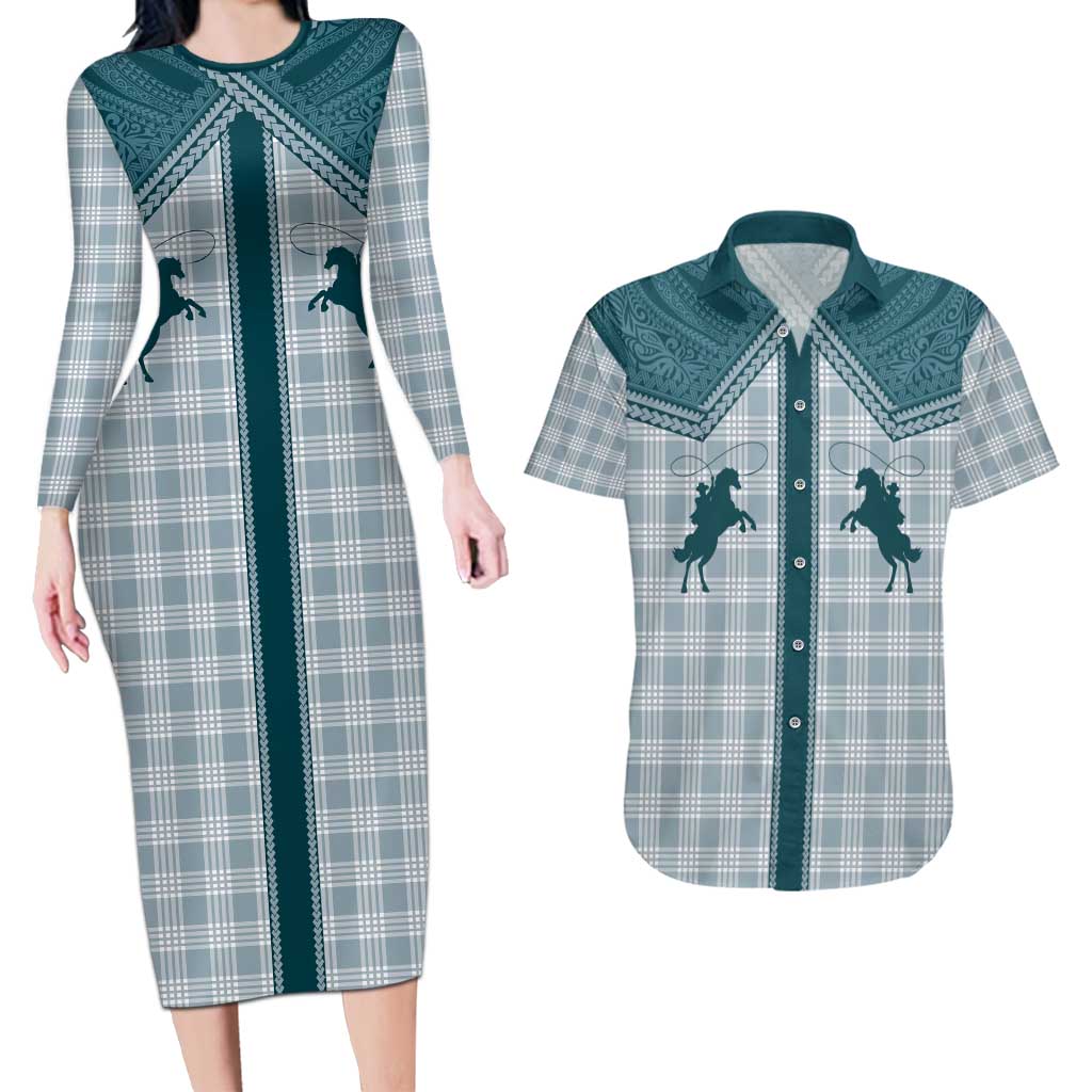 Aloha Hawaii Cowboys Paniolo Couples Matching Long Sleeve Bodycon Dress and Hawaiian Shirt Teal Palaka LT7 Teal - Polynesian Pride
