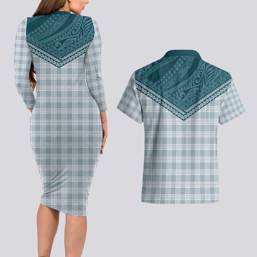 Aloha Hawaii Cowboys Paniolo Couples Matching Long Sleeve Bodycon Dress and Hawaiian Shirt Teal Palaka LT7 - Polynesian Pride