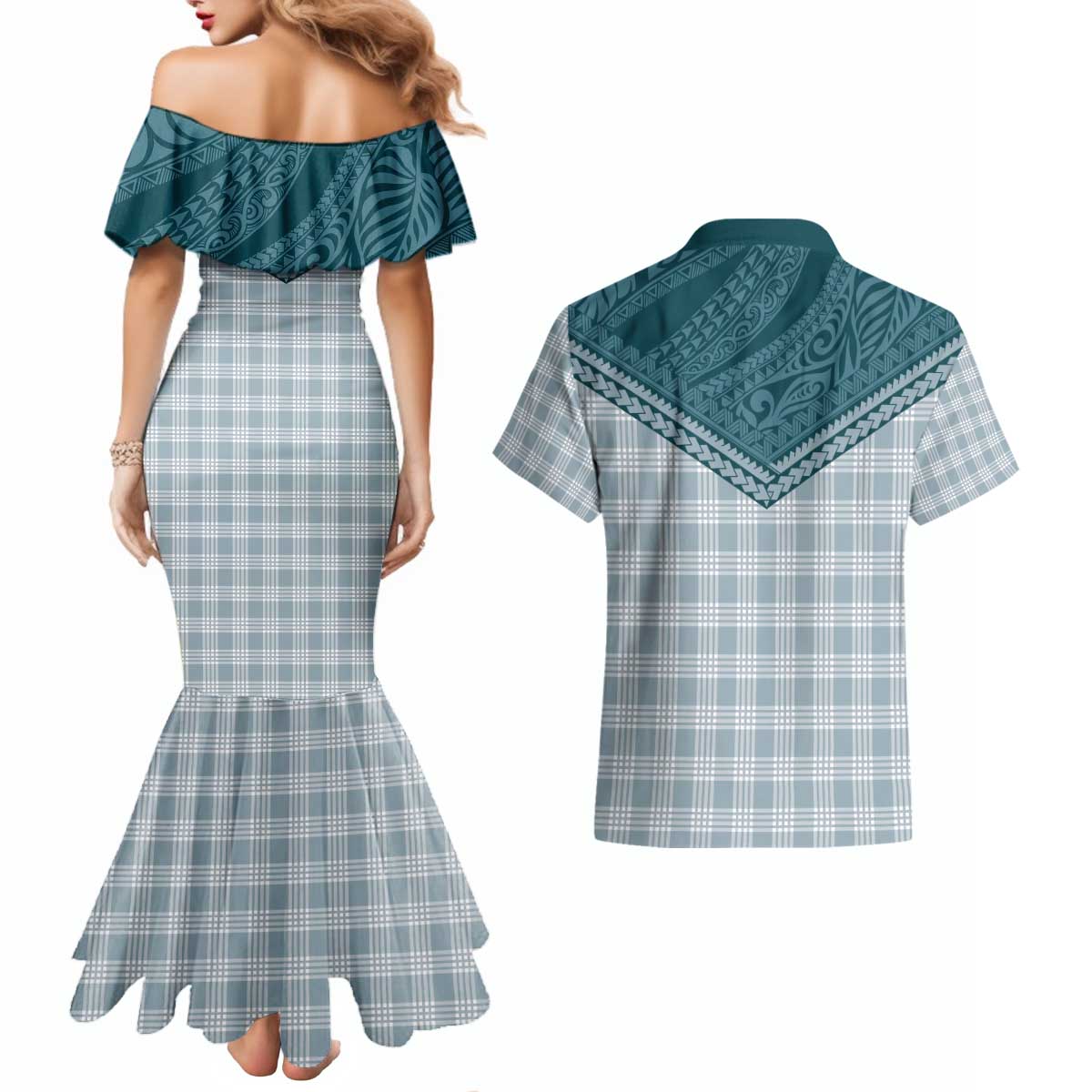Aloha Hawaii Cowboys Paniolo Couples Matching Mermaid Dress and Hawaiian Shirt Teal Palaka - Polynesian Pride